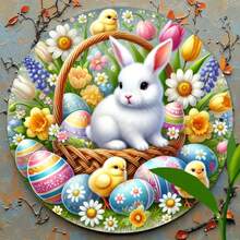1pc Vintage Easter Bunny & Basket Theme Iron Wall Plaque, Decorative Round Metal Sign, Suitable For Home, Room, Farmhouse, Street, Shop, Garage, Bar, Garden, Cafe Decor, Pre-Drilled Holes, Style As Shown In Size Image