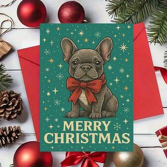 1pc French Bulldog Christmas Card With Red Bow - Cute Frenchie Dog In Festive Green & Golden Snowflake Design, Merry Christmas Lettering, Dark Brown & White Frenchie Face - Perfect Holiday Gift For Dog Lovers, New Year's Or Xmas Card, French Bulldog-Themed Stationery & Gift Packaging Accessory