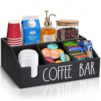 Organizador de estación de café, accesorios y organizador de barra de café de madera para encimera, soporte para cápsulas de café, cesta de almacenamiento, organizador de almacenamiento de café y té, para cápsulas, condimentos, sirope, tazas de té, revolvedor - para decoración de barra de café de estilo granja