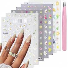 Flower Nail Art Stickers 7 Sheets 5D Nail Decals Spring Summer Nails Art Design 3D Self-Adhesive Supplies White Yellow Daisy Flower Nails Decoration For Women DIY Design{Inchcolor_nameinch:InchColorful-10inch} - 彩色-10 - 查看 1