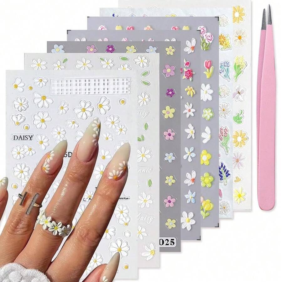 Flower Nail Art Stickers 7 Sheets 5D Nail Decals Spring Summer Nails Art Design 3D Self-Adhesive Supplies White Yellow Daisy Flower Nails Decoration For Women DIY Design{Inchcolor_nameinch:InchColorful-10inch} - 彩色-10 - 查看 1