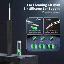 1296P高清摄像头耳垢清洁器，8合1多功能耳垢清除工具，配备5个替换耳塞，无线WiFi耳镜带6个LED灯，IP67防水，可充电耳垢清除套装 - 黑色 - 查看 8
