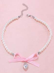 1pc Geometric Fashion Pink Bow & White Beaded Necklace Set - Butterfly - View 2
