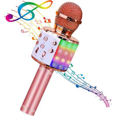 MORE BEAUTY BlueFire 4 in 1 Karaoke Wireless Microphone with LED Lights, Portable Microphone for Kids, Great Gifts Toys for Kids, Girls, Boys and Adults (Pink)