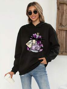 Plus Size Women'S Halloween Hoodie - Black Pullover Sweatshirt With Magical Potion Graphic, Long Sleeve Hooded Sweater For Halloween Party Outfit, Casual Winter Clothing - Easy-Care Women'S Clothing, Halloween Clothes, Festive Attire, Whimsical Design - màu đen - Xem 4