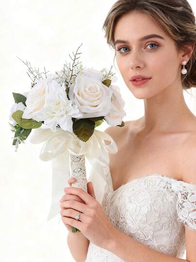 1PC Artificial Lotus&Rose Bride Bridal Bouquet Bridesmaid Bouquet Tossing Bouquet For Wedding Ceremony Anniversary Bridal Shower Wedding Party Decoration Dinning Table Decor