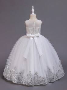 Vestido de princesa para niñas, vestido de fiesta con decoración de lentejuelas sin mangas, vestido largo de tul, vestido para recital de piano, vestido de princesa - Blanco - Ver 4