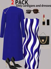 Spring/Autumn Plus Size Women's 2 Pieces Set Dress, Spring Outfit For Women's Office And Formal Occasions Elegant - Blue - View 4