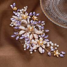 Rhinestone Pearl Hair Comb - Gold Red - View 11