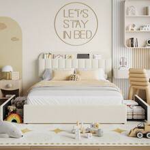 Twin/Twin XL/Full/Queen Size Platform Bed Frame With Storage Headboard & 2 Drawers, Upholstered Cute Platform Bed With Bookcase, Sturdy Wooden Slats Support, No Box Spring Needed, Noise Free - Màu be-đầy đủ - Xem 9