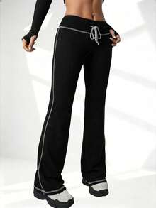 Pantalones acampanados de cintura alta con forro térmico, pantalones acampanados suaves y estilizadores, leggings gruesos de unicolor con control de barriga, pantalones anchos de yoga, entrenamiento y running de gran elasticidad, pantalones ceñidos casuales y cómodos, mallas deportivas para mujer - Negro - Ver 2