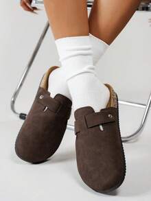 Casual Solid Color Mule Slippers, Comfortable Non-Slip Soft Sole, Round Toe Design, Comfortable Fabric Upper, PVC Sole, Slip-On Closure, Suitable For Outdoor Activities For Girls In All Seasons, Available In Autumn/Winter Thermal Lined And All-Season Non-Lined Versions - Coffee Brown - View 3