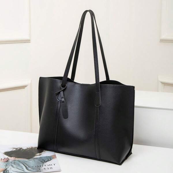 Bolsa de ombro feminina casual preta, bolsa tote feminina de grande capacidade