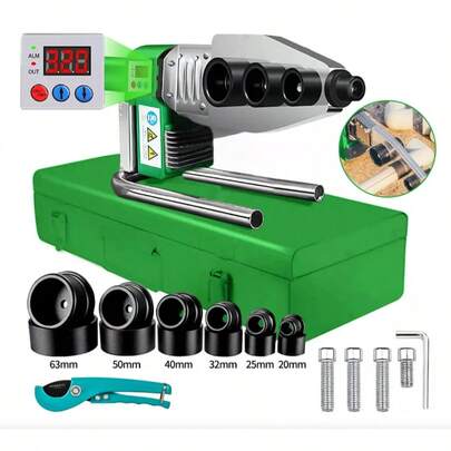 Termofusor Kit 1500w Pantalla Digital Con 6 Dados+tijeras,Pistola de pegamento termofusible, kit de fusión por calor, máquina de soldadura de tuberías, fusión en caliente, pantalla digital, con 6 moldes + tijeras, temperatura ajustable, adecuada para soldar PPB / PPR / PPE y otras tuberías de plástico, cortador de tuberías, cable de alimentación anti-escaldado, resistente al calor y retardante de llama, es la mejor opción para trabajadores, plomeros, electricistas y trabajadores de mantenimiento, seis tamaños diferentes de puntas de soldador