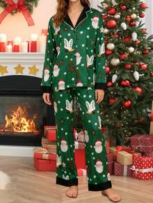 Women's Christmas Pajamas Set Long Sleeve V Neck Stocking Tree Print Tops And Pants Lounge Wear 2 Pcs Set