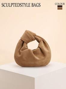 1件秋冬新款美拉德风格棕色咖啡复古仿麂皮PU皮革打结手提包，简约时尚托特包，适合搭配风衣通勤 - 彩色 - 查看 10