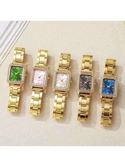 1pc Quartz Horloge Scaled Square Dial, High Quality Goldplated Case, Stainless Steel Strap, Birthday, Anniversary, Mother's Day