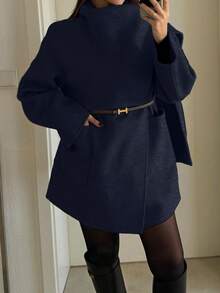 معطف صوفي للنساء للخريف/الشتاء مع وشاح/شال بطبعات زهور من الشيفون وجيب مخفي بأزرار - أزرق بحري - مشاهدة 6