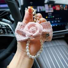 Cuerda de perlas creativa, llavero de camelia, lazo, bolso de tela, colgante de llavero, dije de coche de moda - BLANCO - Ver 9