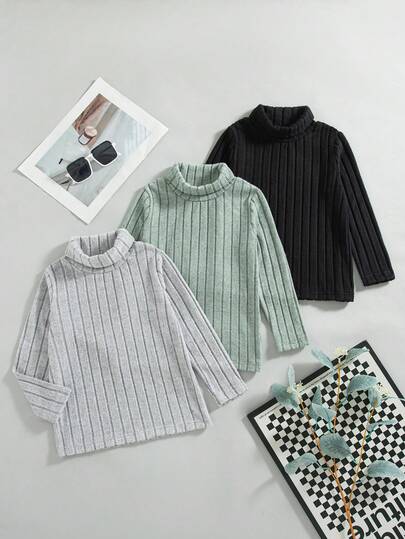 3 件套男童休闲纯色高领长袖上衣，常规版型，春秋季