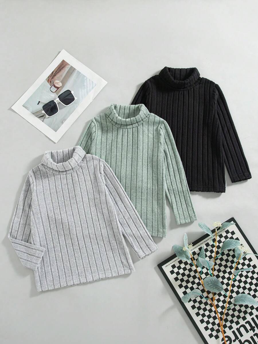 3pcs/Set Boys' Casual Solid Color Turtleneck Long Sleeve Tops, Regular Fit, Spring & Autumn - Mint Green - View 1