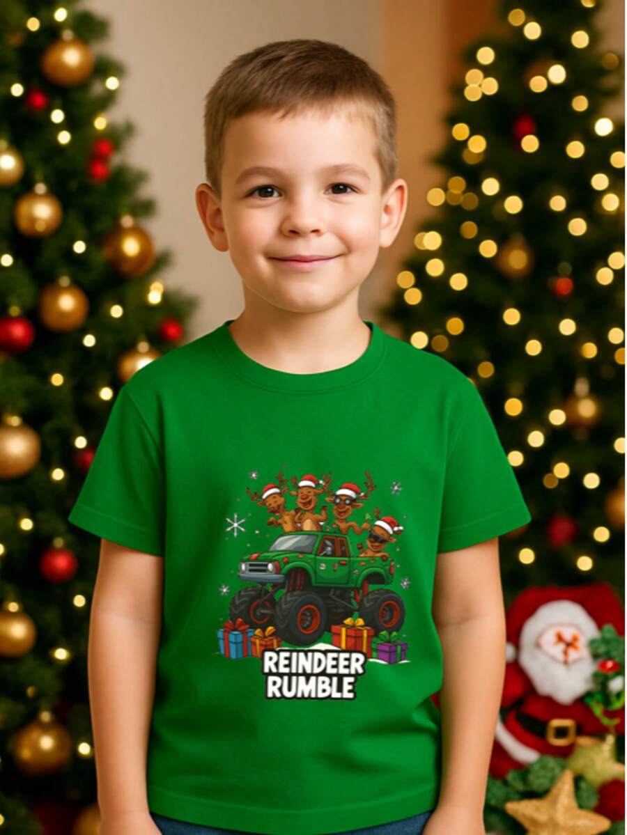 Camiseta navideña Reindeer Rumble de monster truck para pequeños de 3 a 12 años, fabricada en 100% algodón, con manga corta y cuello redondo. - Verde - Ver 1