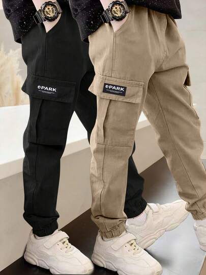 2pcs Young BoyFashionable Minimalist Multi-Pocket Cargo Pants, Versatile Sporty Design (Actual Size Runs Small, Suggest Ordering One Size Up Based On Product Images)