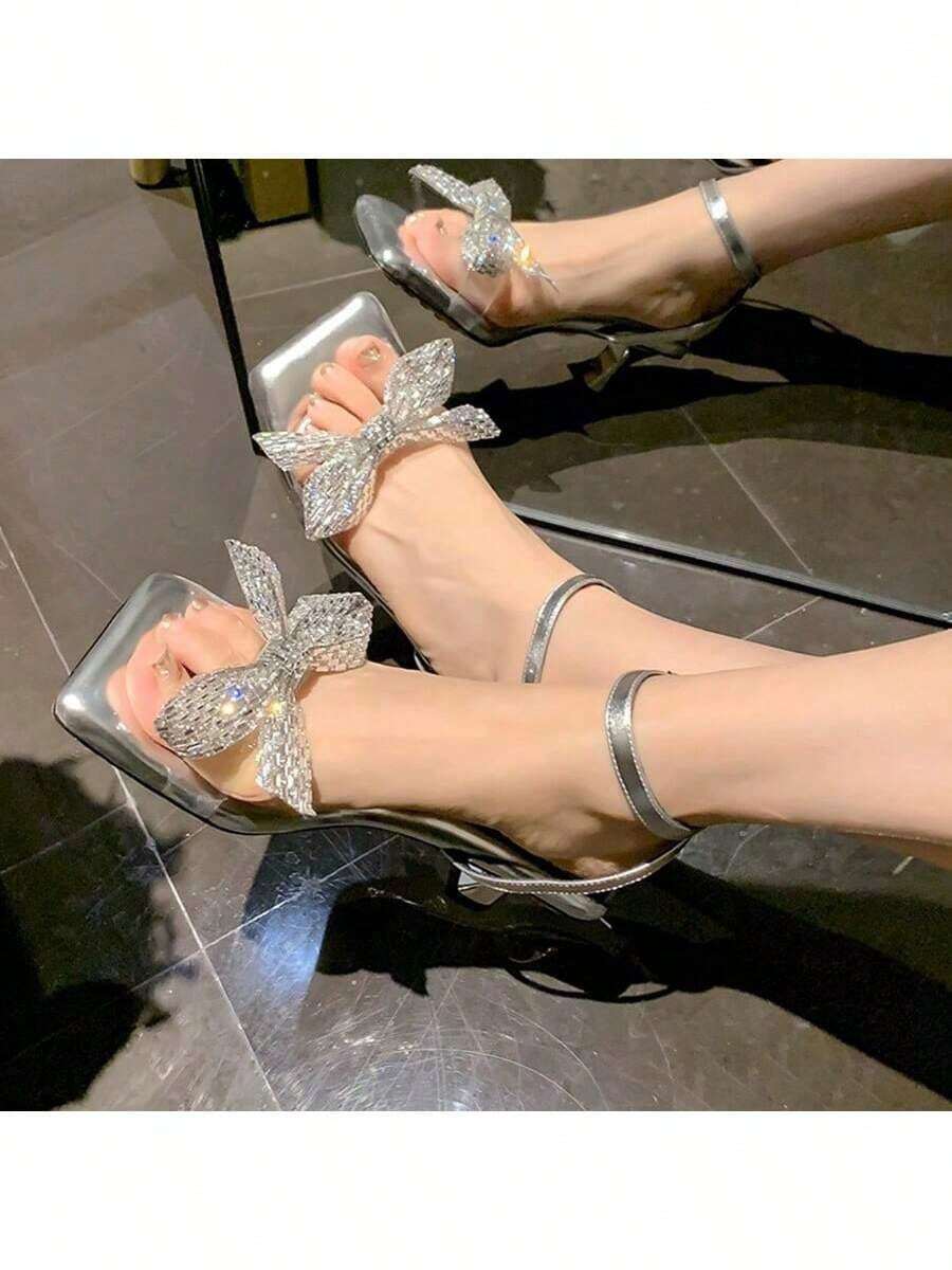 Zapatos de mujer con tiras, punta cuadrada, tacón medio, estilo coreano, sandalias de mujer con pedrería y lazo, sandalias de tacón alto. - Plateado - Ver 1
