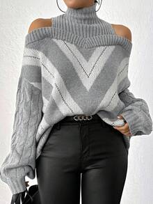 Plus Size Women Contrast Color Off Shoulder Turtleneck Cable Knit Long Sleeve Sweater For Fall/Winter Spring - Grey - View 6