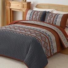 3 Pieces Orange/Blue/Grey/Purple/Yellow Striped Quilt Set Queen King California King Size Boho Bedspread Coverlet Bed Set With Two Pillow Covers,Soft Lightweight Microfiber Floral Pattern, Fall Home Bed Room Decor ,Wedding Items,Valentines Day Home Bed Room Decor,Mothers Day Gift,All Season - Burnt Orange-grey - 查看 2