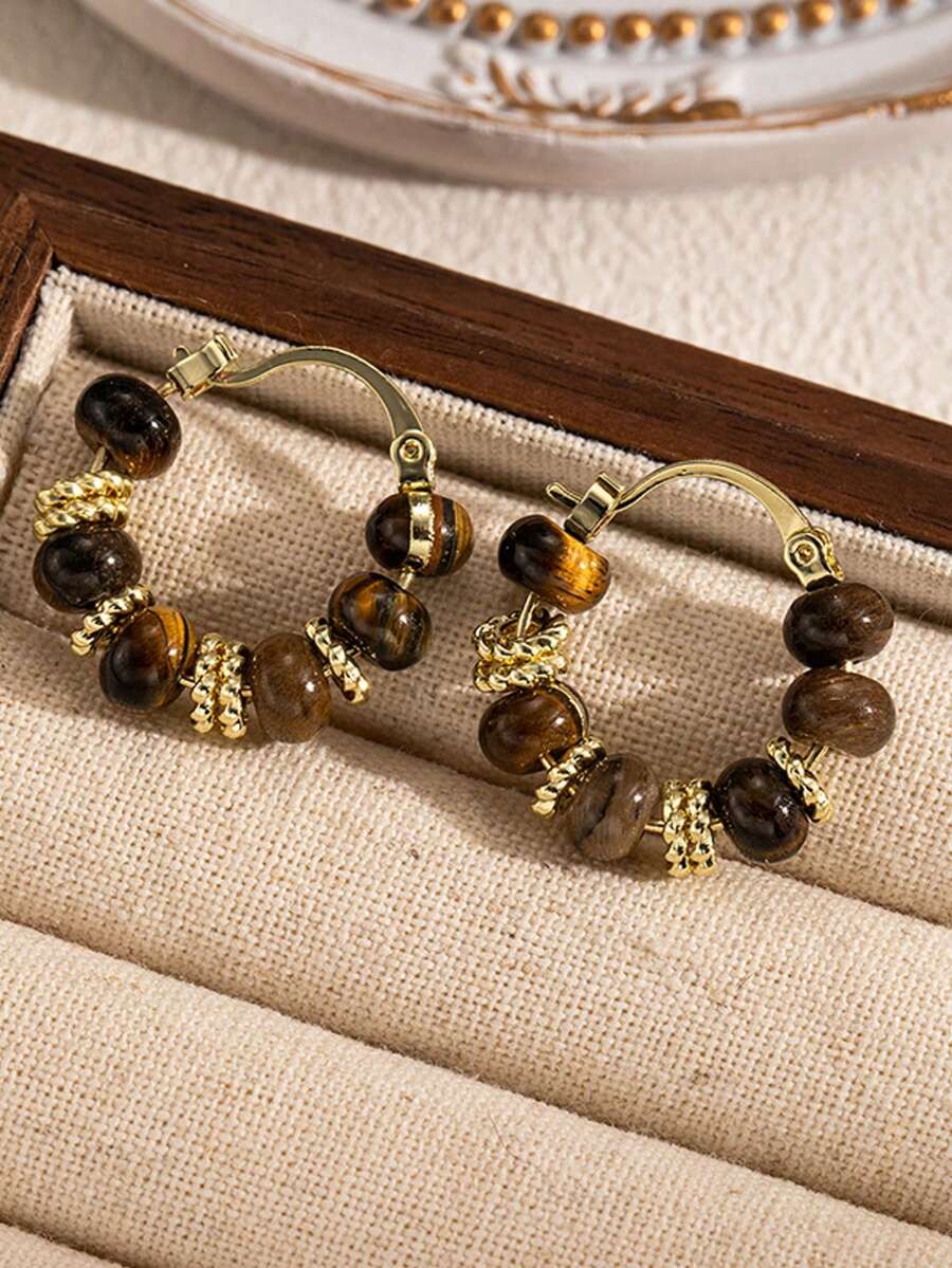 1 Pair Women's Bohemian Style Golden Beaded Tiger Eye Stone Earrings, Suitable For Daily Wear, Dates, Parties And Banquets - Multicolor - View 1
