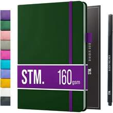 A5 Bullet Dotted Journal Notebook By STM Thick Bleedproof 160gsm Paper 150 Pages Lay Flat Vegan Leather Hardcover 2 Bookmarks Printed Page Numbers Black Pen 5.75 X 8.5 In Bottle Green