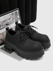 男士厚底圆头德比鞋 - 系带哑光深色乐福鞋，时尚复古正式礼服鞋和婚礼礼服鞋 - 黑色 - 查看 5