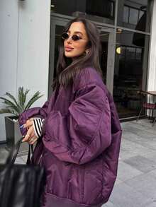 女式紫色飞行员夹克，前拉链口袋，长袖休闲保暖外套，适合秋冬 - 紫色 - 查看 9