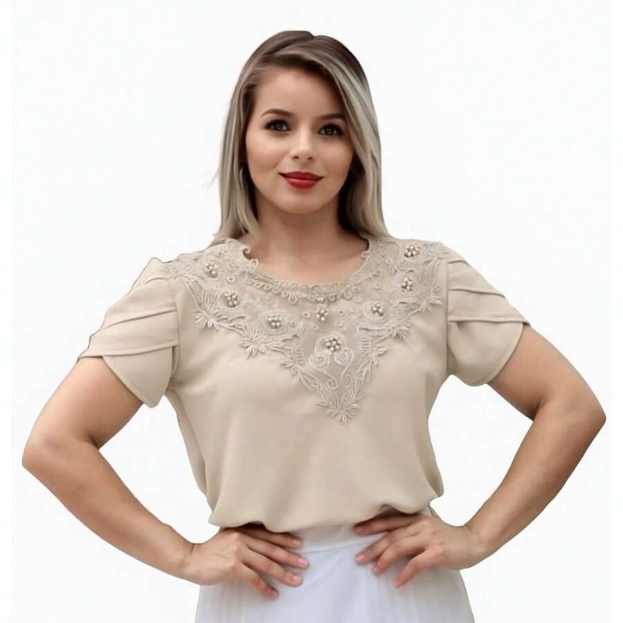 Blouse Shirt Pearl Details Short Sleeve Lace Social Evangelical Fashion Social Embroidered - 米色(關閉) - 查看 1