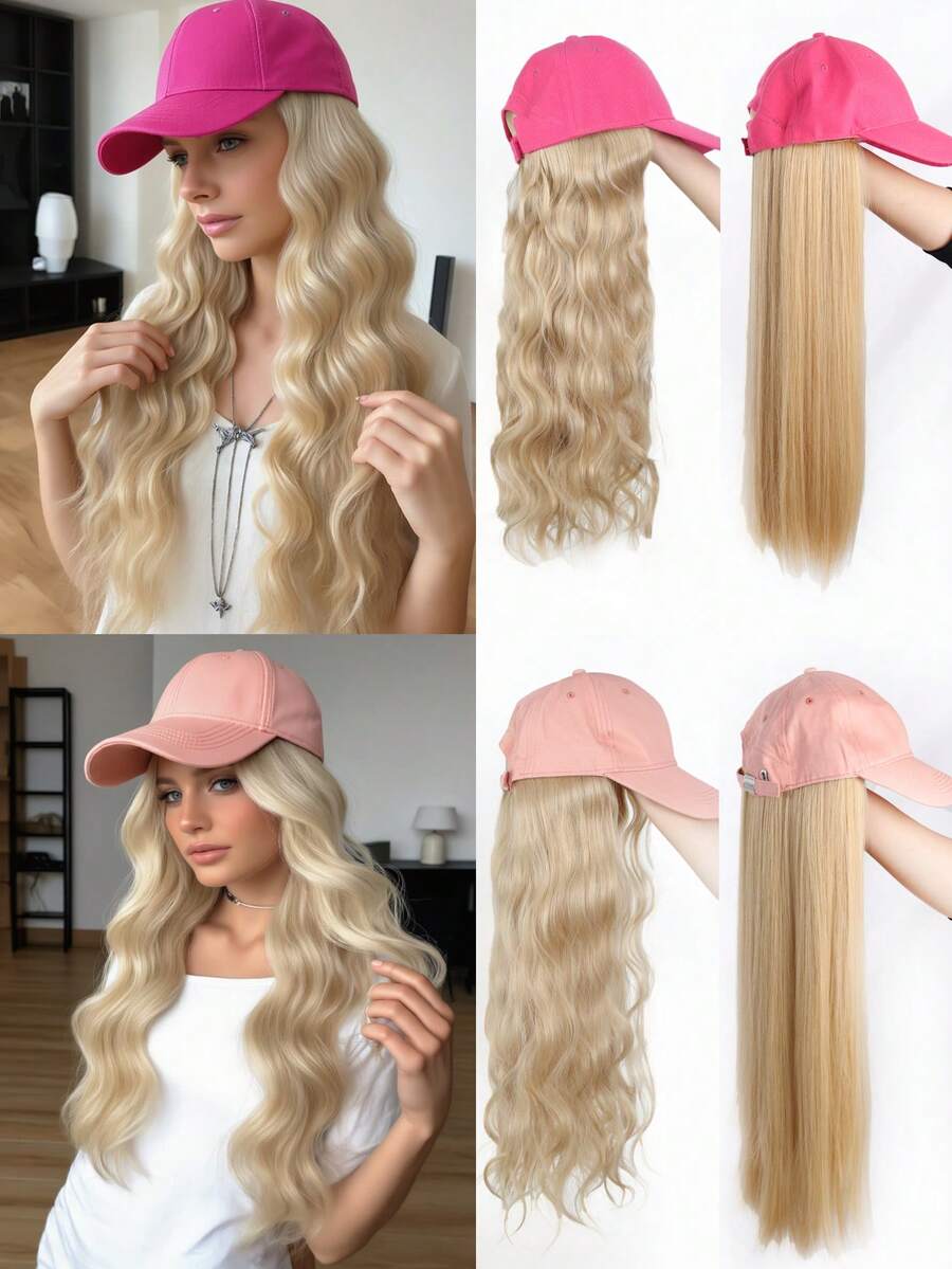 Bright Pink Baseball Cap With Attached Long Curly Wig, Synthetic Fiber Wig, Adjustable Hat For Women - Multicolor - View 1