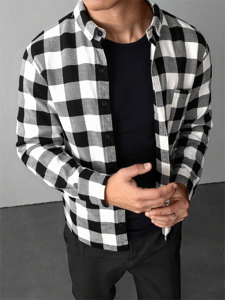 Men's Casual Patchwork Plaid Long Sleeve Shirt, Christmas Gift