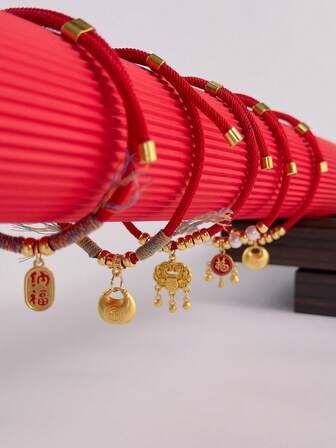 1件红色绳子和金色珠子幸运祝福铃铛宠物项圈项链，猫狗节日项链，宠物吊坠礼物