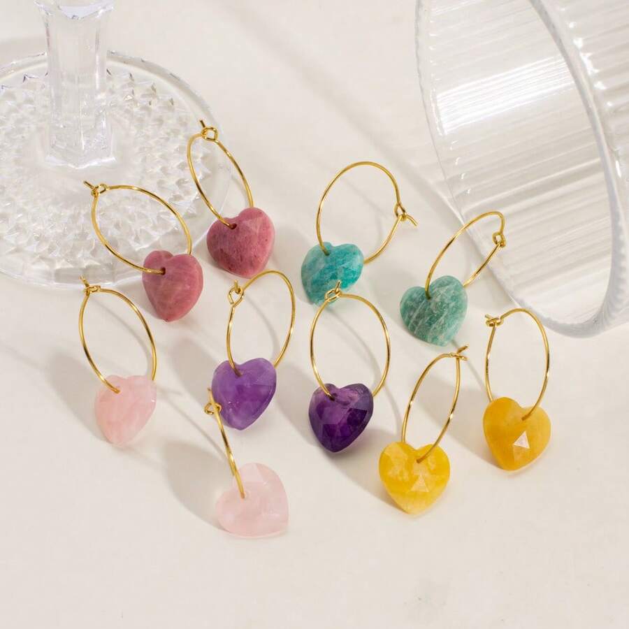 1pair Heart Shaped Earrings Natural Stone Rose Quartz Amethyst Stainless Steel Earring Fashion Jewelry Gift For Women - Heart-shaped Hoop Earrings - View 1