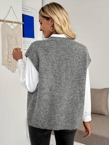 女士休闲宽松纯色毛绒无袖开衫针织衫，秋冬款 - 灰色 - 查看 7