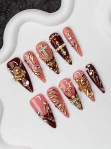 10 件/套手工杏仁形 Y2K 坏蛋风格按压式指甲，裸色和红色，带天使头、十字架、水钻、不对称规则液态金属图案、星星设计，适合派对、婚礼、日常佩戴，包含工具包，是送给女士和女孩的绝佳礼物 - 彩色 - 查看 2