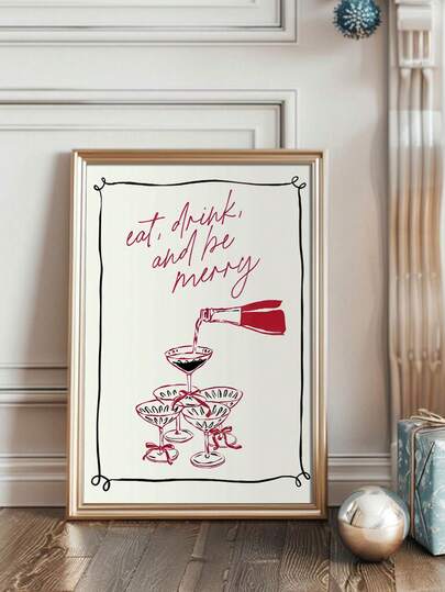1pc Unframed Cheers Cocktail Christmas Kitchen Drinks Poster - Retro Minimalist Canvas Print With "Eat Drink And Be Merry" Design, Perfect For Holiday Decor In Living Room, Bedroom, Or Bar, Festive Home Accent, Festive Home Accent | Cheerful Design | Canvas Print, Christmas Decorations, Mid Century, Art Poster, Print Wall Art, Wall Decor, Poster For Bedroom, Framed Pictures Ready To Hang, Living Room Wall Pictures