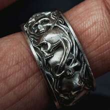 Skull & Smoke Round Ring - Gothic Biker Wedding Band For Men, Vintage Halloween Jewelry, Memorial Gift For Him - 銀色 - 查看 6