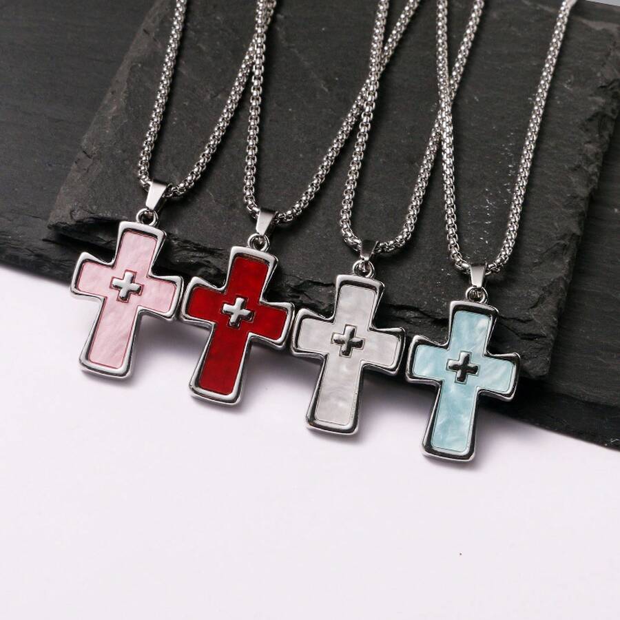 Double Cross Pendant Necklace For Men  Titanium Steel Niche Design Hip-Hop Style Sweater Chain Small Gift For Women - 多巴胺十字架-藍色/方形珍珠鍊70cm - 查看 1