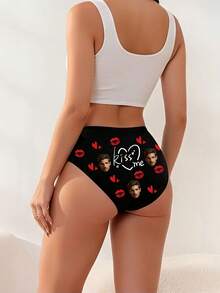 1pc Customized Face Women's Panties, Personalized Photo Kiss Design Triangle Panties, Humorous Lingerie Gift For Girlfriend/Wife, Valentine's Day Birthday Gift - Black - View 2
