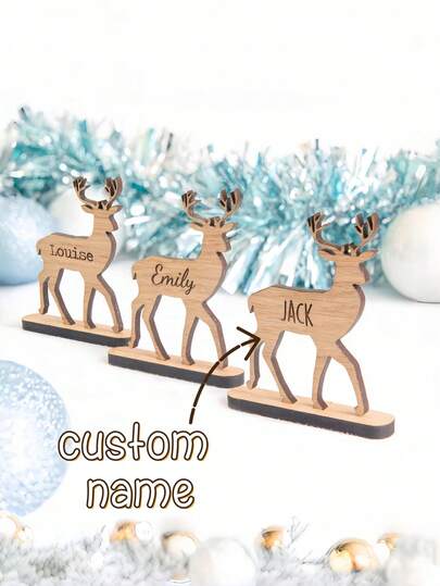 1PC Wooden Reindeer Personalized Place Card – Engrave Guest Name, Luxury Stag/Rudolph Design, Christmas Table Setting, Holiday Dinner Decor, Gift-Ready Tag, Perfect For Winter Wedding, Xmas Party & Family Gathering