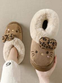 SANRIO KT Cat联名款 - 3D蝴蝶结豹纹软绒踝靴，奢华优雅女士户外雪地靴，保暖女士室内拖鞋，成人女士拖鞋，女士冬季家居鞋 - 深咖 - 查看 7