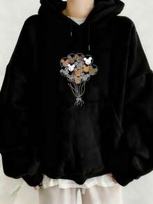 [Disney Authorized] Oversized Women's Hoodie With Mickey Mouse Balloons Print Pullover Sweatshirt Comfortable Autumn Winter Hooded Top Essential For Casual Wear And Daily Outfits - 黑色 - 查看 1