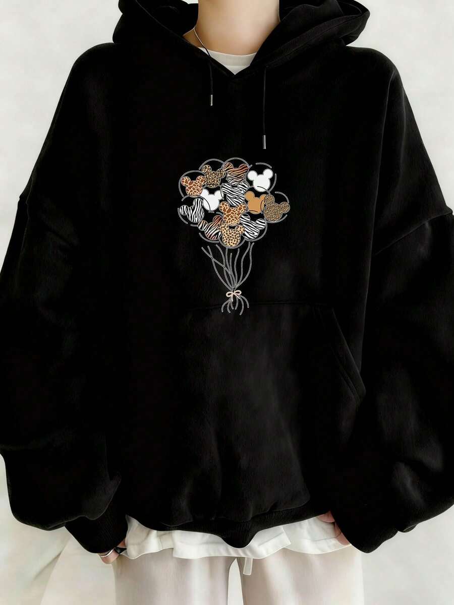 [Disney Authorized] Oversized Women's Hoodie With Mickey Mouse Balloons Print Pullover Sweatshirt Comfortable Autumn Winter Hooded Top Essential For Casual Wear And Daily Outfits - 黑色 - 查看 1