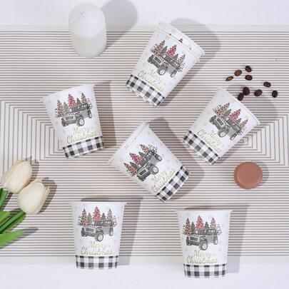 10/20/40/60pcs, Christmas Disposable Cups Red And Black Buffalo Plaid Xmas Tree Paper Cups Rustic Winter Holiday Party Supplies For Juice Coffee Hot Cold Beverage Drinks, 9oz,Snowflake Xmas Tree Drinking Cup Holiday Paper Cup For Xmas Winter Party Supplies